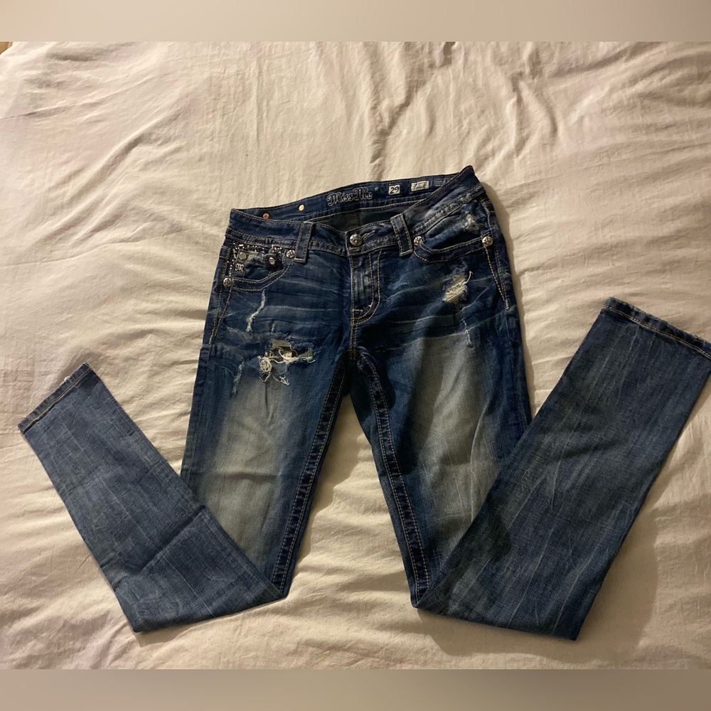 Miss Me Blue Skinny Jeans with Distressed Details